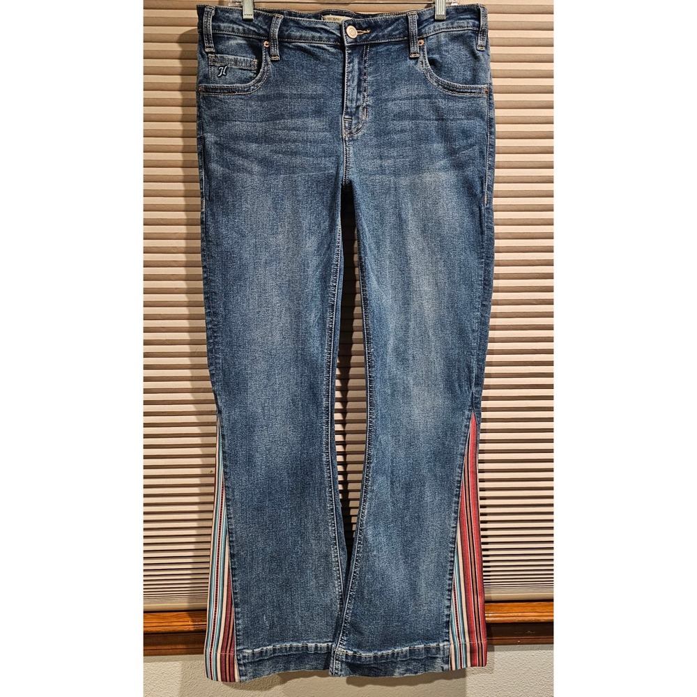 Rock and Roll Cowgirl x Hooey Mid Rise Trouser Jeans Serape Flare Blue Fabric